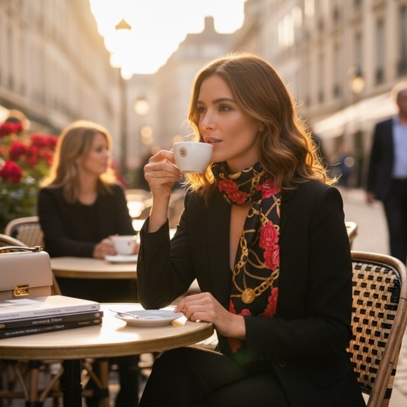 Large Black Satin Scarf with Gold Chain Print & Red Floral Border Square Scarf - Picture 12 of 12